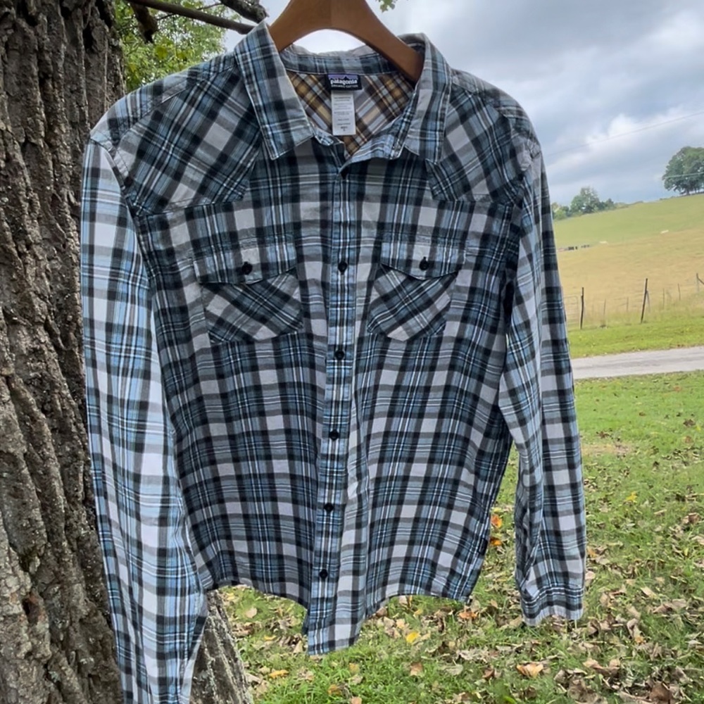 Patagonia Organic Cotton Western Plaid Blue Long Sleeve Shirt M-XL Pre-Owned - Picture 6 of 6